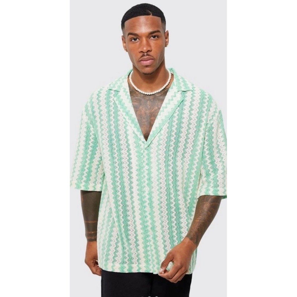NWT‎ Boohoo MAN Button Down Revere Open Weave Shirt M/Medium Green Boho Mesh NEW